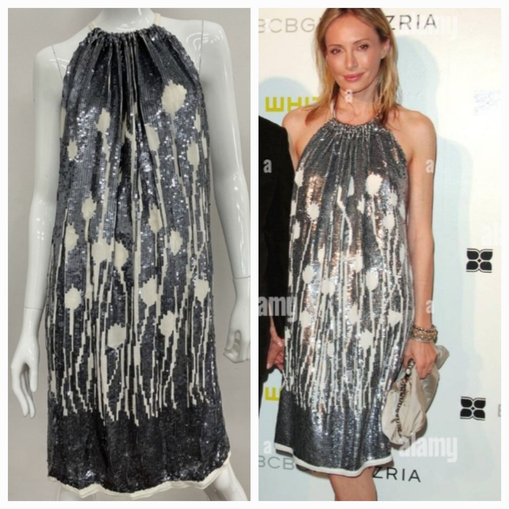RARE BCBG MaxAzria ASO Lubov Azria Sequin Metallic Cocktail Party Evening Dress